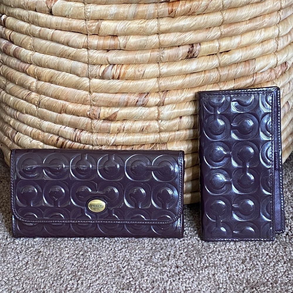Coach Embossed Signature Wallet and Checkbook Cover in Plum